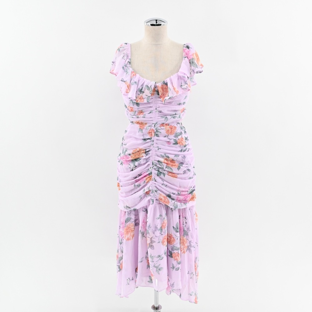 ASTR Dress Size M Devereaux Midi Cut Out Side Draped Pink Multi‎ Floral Lavender